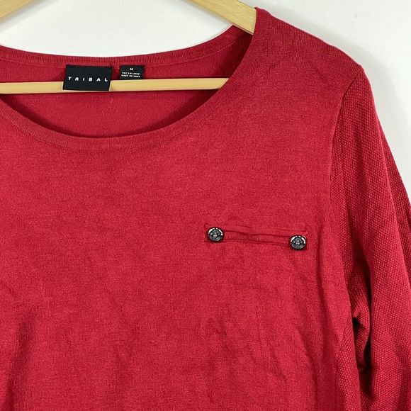 Tribal Long Sleeve Red Textured Knit Pullover Top Shirt Sweater Womens Medium - Picture 2 of 6
